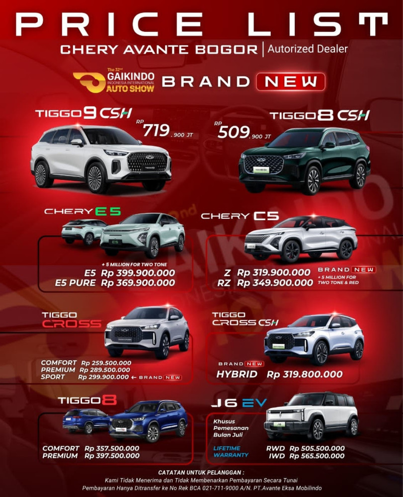 Pricelist Harga Chery pik 2025